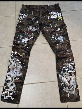 Smoke Rise DNM Co Mens Camo Jeans Moto Pants Streetwear Paint Splatter Graffiti